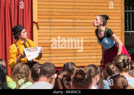 Traveling pantomime company called `Tarkabarka` show in Sopron, Hungary on May 27th 2017. Expressions: puzzled and amatory Stock Photo
